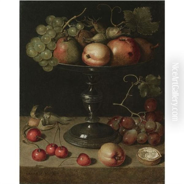 Still Life With Pears, An Apple, An Apricot, Almonds And Walnuts On A Tazza With Grapes, A Walnut, An Apricot, Cherries And Almonds On A Stone Ledge Oil Painting by Clara Peeters