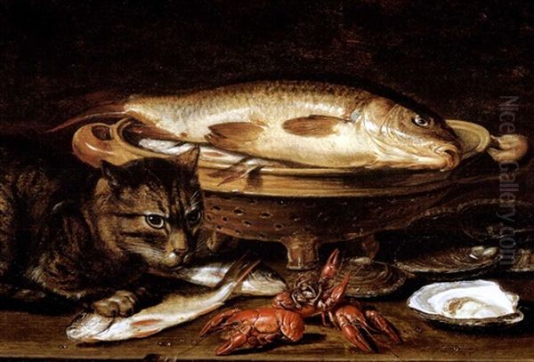 A Cat And Two Mackerel With A Sea Bream In A Colander, Crayfish And Oysters On A Ledge by Clara Peeters