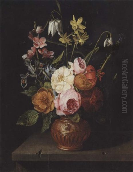 A Still Life Of Roses, Lilies, Irises, Narcissi And Snake-head Fritillaries, In An Urn, Upon A Stone Ledge Oil Painting by Clara Peeters