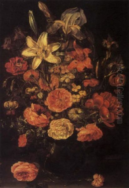 Lilies, Irises, Roses And Other Flowers In A Glass Vase Beside Rose And Carnation Stems On A Wooden Table Oil Painting by Clara Peeters