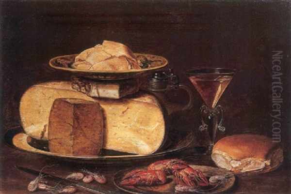 Slices Of Butter On A Porselein Plate, On A Cheesestack On A Pewter Plate, With A Jug, A Wineglass, A Bun, Crayfish, A Knife And Shrimps Oil Painting by Clara Peeters