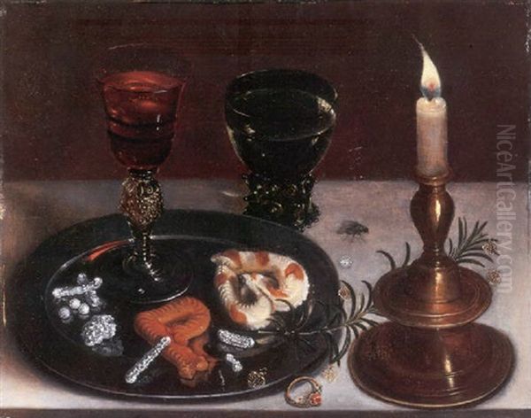 A Glass Of Red Wine, A Sprig Of Rosemary And Sweetmeats On A Pewter Platter, With A Ring, A Roemer Of White Wine And A Candle On A Ledge Oil Painting by Clara Peeters