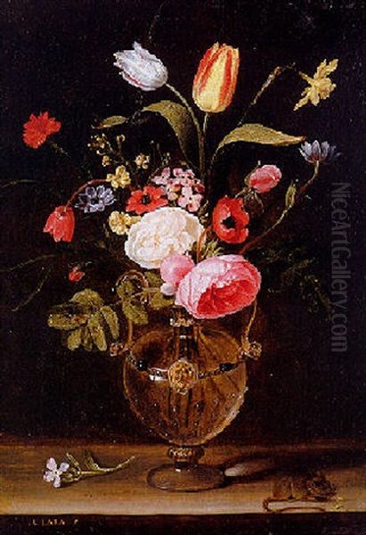 Roses, Tulips And Other Flowers In A Glass Vase With A Mouse On A Stone Ledge Oil Painting by Clara Peeters