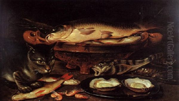 Nature Morte A La Carpe, Au Chat, A La Perche Et Aux Fruits De Mer by Clara Peeters