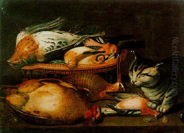 Still Life With A Partridge, Snipe And Various Birds With A Cat Oil Painting by Clara Peeters