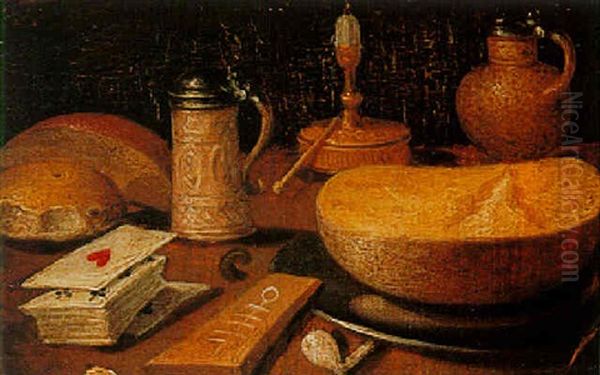 Still Life With Bread, Cards, Two Stoneware Jugs And Other Objects On A Table Oil Painting by Clara Peeters