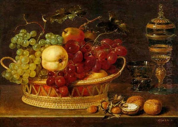 Fruit In A Basket With A Roemer, Glass Cup And Cover, Hazelnuts And Walnuts On A Wooden Ledge Oil Painting by Clara Peeters