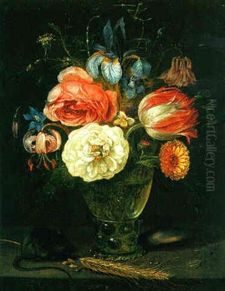 Still Life Of Flowers In A Roemer With A Field Mouse And An Ear Of Wheat Oil Painting by Clara Peeters