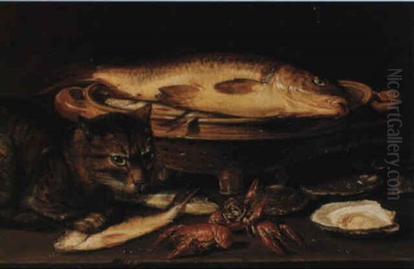 A Still Life Of Fish, Oysters And Crayfish With A Cat Oil Painting by Clara Peeters