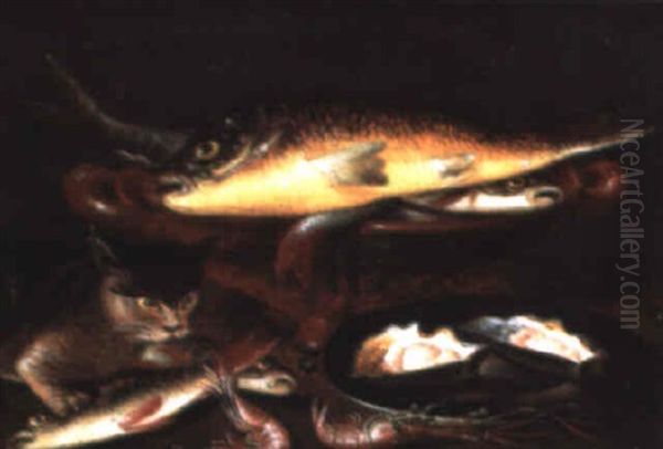 Chat Et Poissons Oil Painting by Clara Peeters