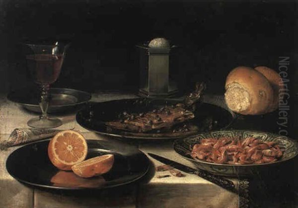 Herring With Capers, Orange On A Plate, Shrimp And Utensils On A Draped Table Oil Painting by Clara Peeters