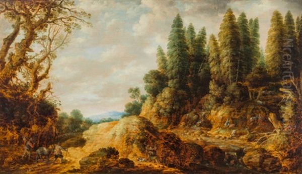 Baumreiche Landschaft Mit Wanderern, Maultier Und Ziegen Oil Painting by Gillis (Egidius I) Peeters