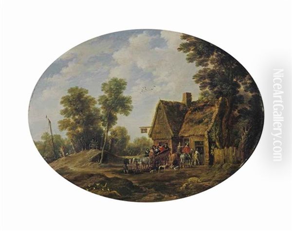 A Wooded Landscape With Travellers Halting By An Inn Oil Painting by Gillis (Egidius I) Peeters