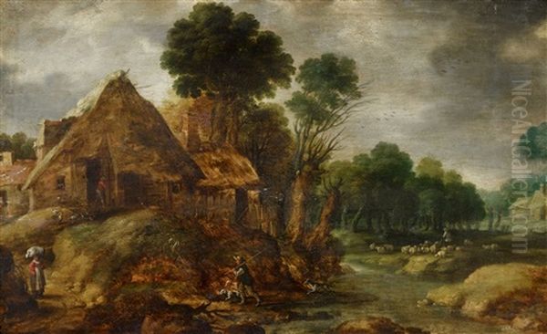 Landscape With A Farm Landscape With Hunters Oil Painting by Gillis (Egidius I) Peeters