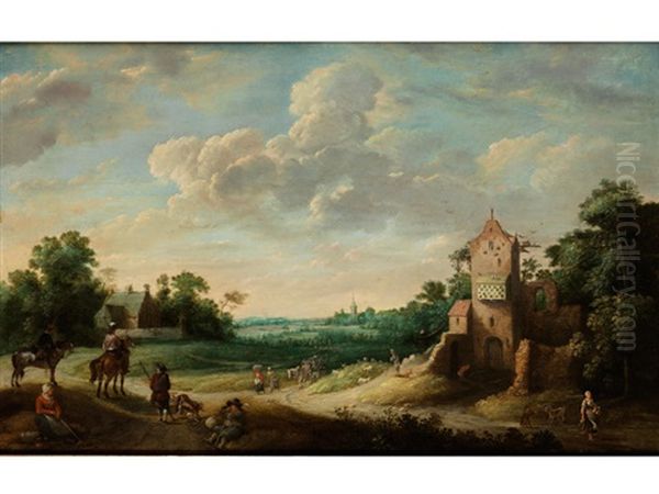 Blick In Eine Landschaft Mit Kirchenruine Und Staffagefiguren Oil Painting by Gillis (Egidius I) Peeters