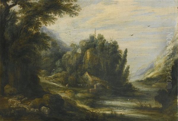 Landscape, With Livestock In The Foreground And Figures Approaching A Cottage Beyond Oil Painting by Gillis (Egidius I) Peeters