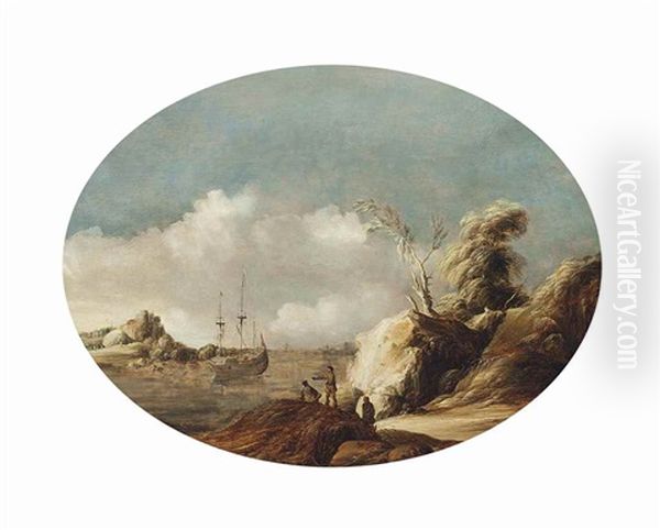 A Coastal Landscape With A Three-master At Anchor, Figures Conversing In The Foreground And A Town Beyond Oil Painting by Gillis (Egidius I) Peeters