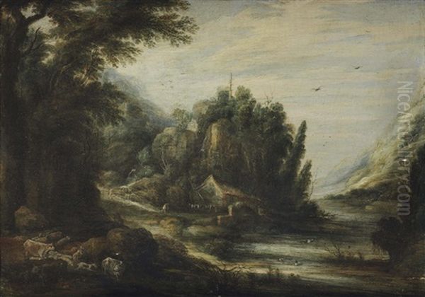 A Mountanous River Landscape With Cattle, A Farm House And Travellers Beyond Oil Painting by Gillis (Egidius I) Peeters