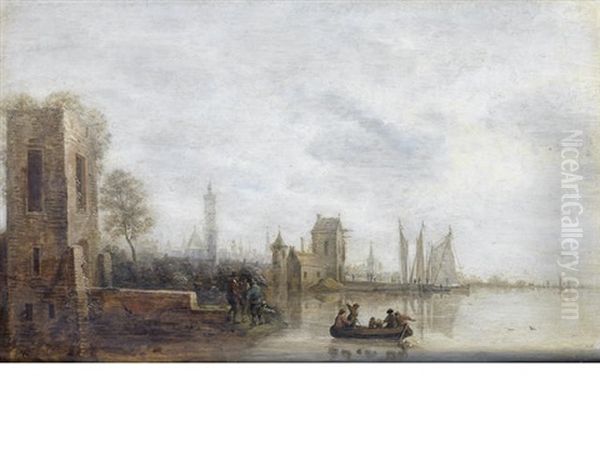 Figures In A Ferry Approaching A Harbour Oil Painting by Gillis (Egidius I) Peeters