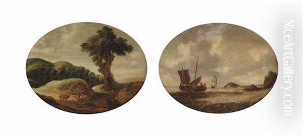 A Hilly Landscape With Travellers Resting On A Track; A Coastal Landscape With A Small Ship And A Man-o-war On Choppy Waters (pair) Oil Painting by Gillis (Egidius I) Peeters