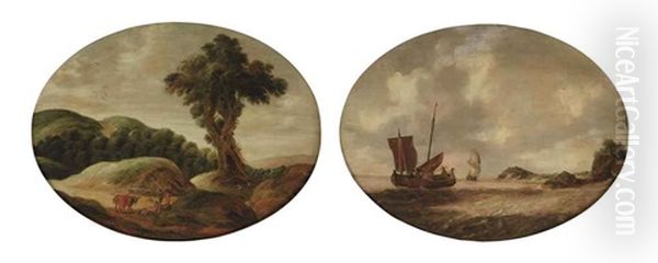 A Hilly Landscape With Travelers Resting On A Track (+ A Coastal Landscape With A Small Ship And A Man-o-war On Choppy Waters; Pair) Oil Painting by Gillis (Egidius I) Peeters