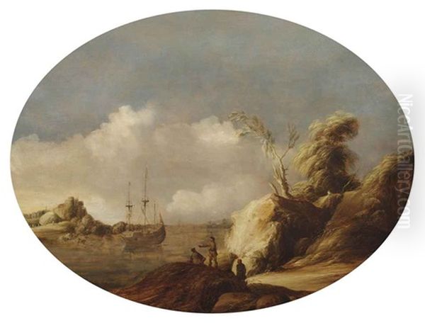 A Coastal Landscape With A Three-master At Anchor, Figures Conversing In The Foreground And A Town Beyond Oil Painting by Gillis (Egidius I) Peeters