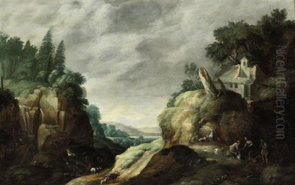 A Mountainous River Landscape With Herdsmen Near A Waterfall Oil Painting by Gillis (Egidius I) Peeters