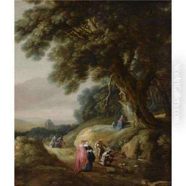 A Wooded Landscape With Elegant Travellers And Huntsmen On A Path, With A Woman And A Child Praying At A Shrine Oil Painting by Gillis (Egidius I) Peeters