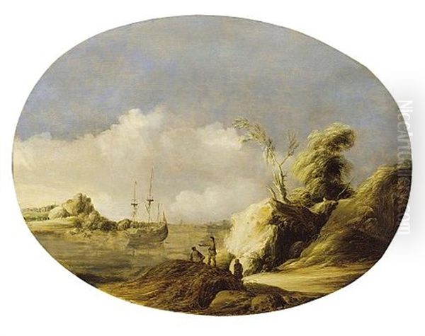 A Coastal Landscape With A Sailing Vessel At Anchor And Figures In The Foreground Oil Painting by Gillis (Egidius I) Peeters