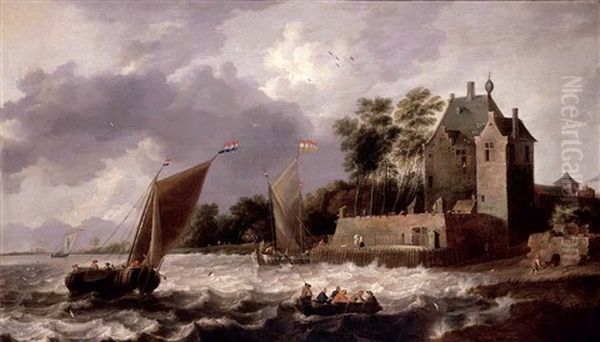 An Estuary Scene, With Rowing Boats And Small Sailing Boats Before A Fortified House Oil Painting by Gillis (Egidius I) Peeters