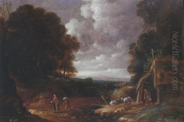 An Extensive Wooded Landscape With Travellers And A Hermit Oil Painting by Gillis (Egidius I) Peeters