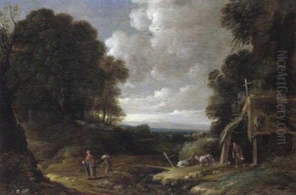 Bewaldete Landschaft Mit Einem Einsiedler Und Reisenden Oil Painting by Gillis (Egidius I) Peeters