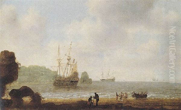 A Tropical Coastal Scene With A Rowing Boat Coming Ashore On A Beach, Other Shipping Vessels Beyond Oil Painting by Gillis (Egidius I) Peeters