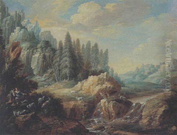 Bewaldete Gebirgslandschaft Mit Einem Sturzbach, Einem Hirtenpaar Und Ziegen Oil Painting by Gillis (Egidius I) Peeters