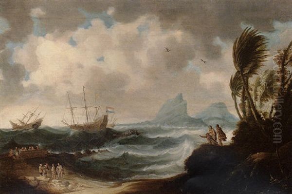 A Shipping Scene With European Vessels Landing Off The Coast Of South America Oil Painting by Gillis (Egidius I) Peeters