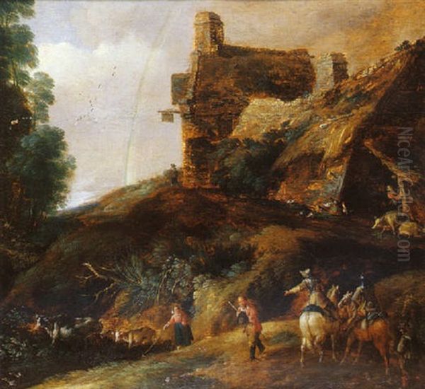 Arrivee De Cavaliers Aux Abords D'une Ferme Oil Painting by Gillis (Egidius I) Peeters