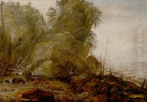 A Mountainous Landscape With A Hermit Reading Beside A River, A Hill Top Town Above Oil Painting by Gillis (Egidius I) Peeters