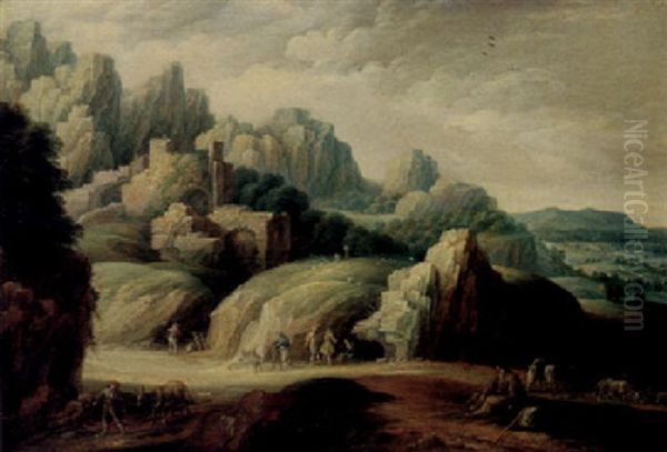 A Mountainous Landscape With Herdsman And Their Flocks Oil Painting by Gillis (Egidius I) Peeters