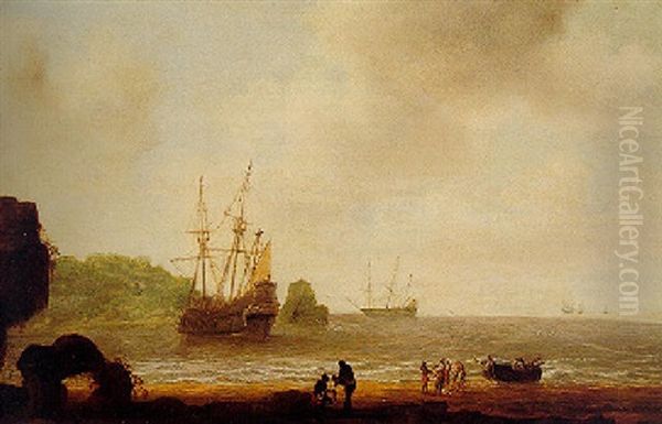 An African Beach Scene With Figures By A Small Fishing Boat, Other Ships Beyond Oil Painting by Gillis (Egidius I) Peeters