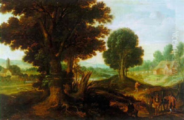 Wooded Landscape With A Farmer Driving His Horse And Cart, A Church Spire In The Distance Oil Painting by Gillis (Egidius I) Peeters