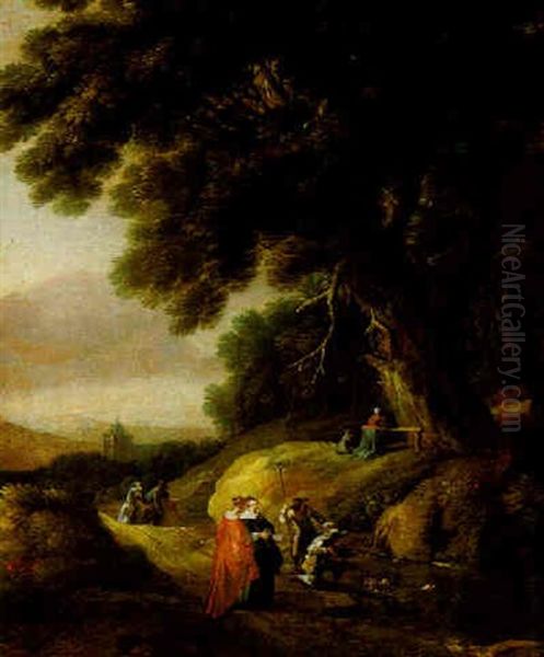 A Wooded Landscape With Hunters And Other Figures On A Path, With A Woman And Child Praying At A Shrine Oil Painting by Gillis (Egidius I) Peeters