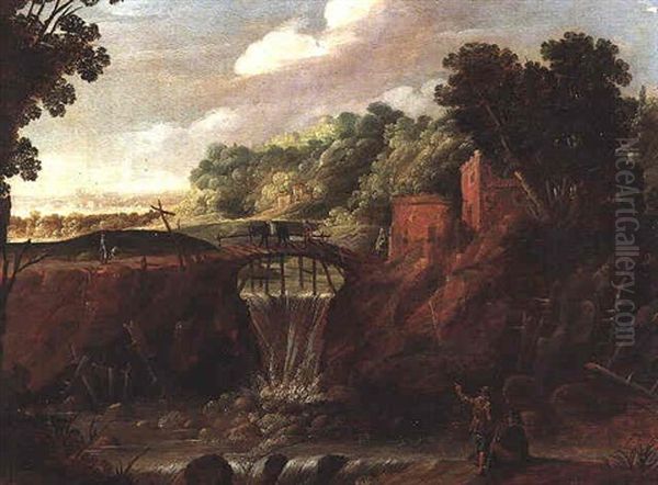 An Extensive Landscape With A Couple Resting On A Path Beside A Weir, A Wooden Bridge Spanning A Waterfall Beyond Oil Painting by Gillis (Egidius I) Peeters