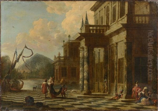 Vues Architecturales Avec Des Personnages Orientaux S'embarquant (pair) Oil Painting by Jacob Peeters