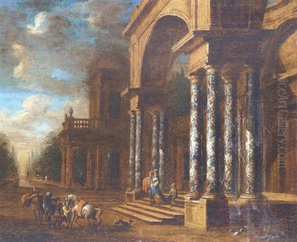 Couple Seigneurial Descendant Les Marches D'un Palais Et Se Dirigeant Vers Les Chevaux Que Tiennent Leurs Palefreniers Oil Painting by Jacobus Balthasar Peeters