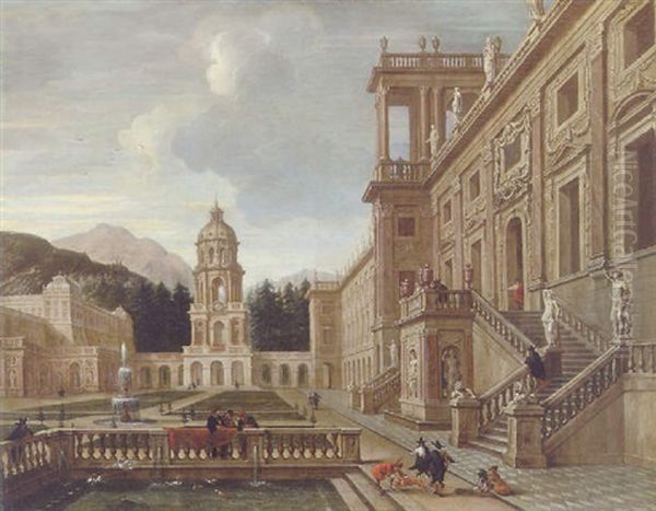 The Courtyard Of A Fantastical Palace With Figures Gathered Around A Fountain Oil Painting by Jacobus Balthasar Peeters