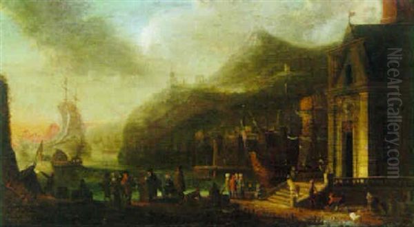 Harbour Scene With Figures Beside A Quay Oil Painting by Jacobus Balthasar Peeters