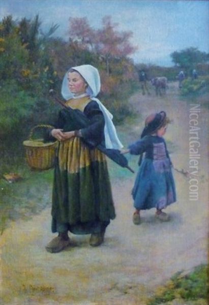 Femme Et Enfant Sur Un Chemin Oil Painting by Jean Bertrand Pegot-Ogier