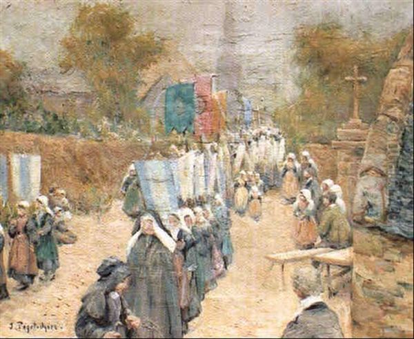 Procession En Bretagne Les Bannieres Oil Painting by Jean Bertrand Pegot-Ogier