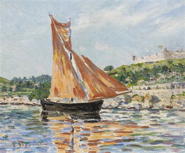 Bateau A Voile Dans Un Paysage Avec Une Citadelle Dans Le Fond Oil Painting by Auguste Pegurier