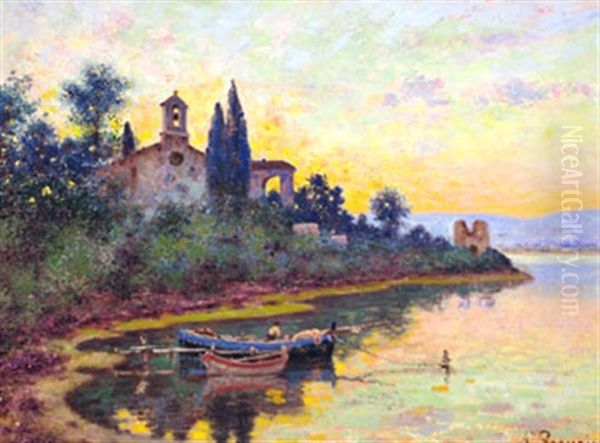 Chapelle En Bord De Riviere Oil Painting by Auguste Pegurier